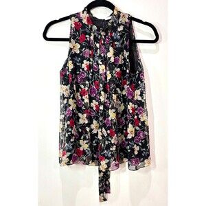 Floral Tie-Neck Sleeveless Blouse - Black with Purple & Red Floral